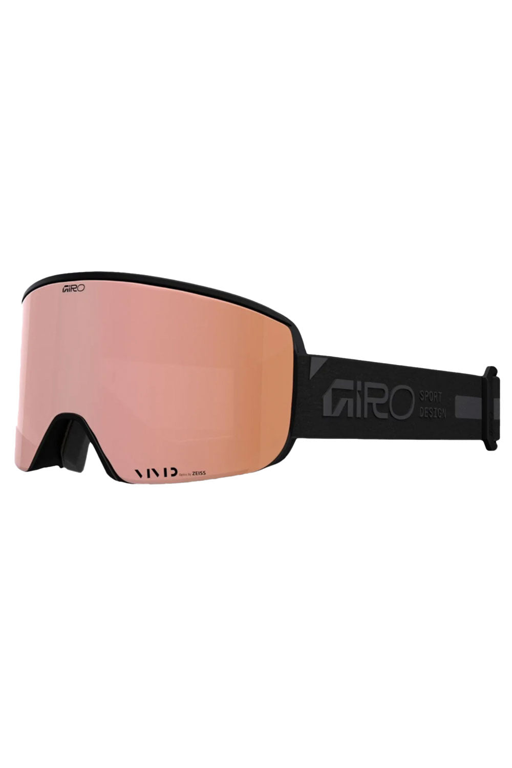Giro ski goggles with black frame and pink lens on a white background