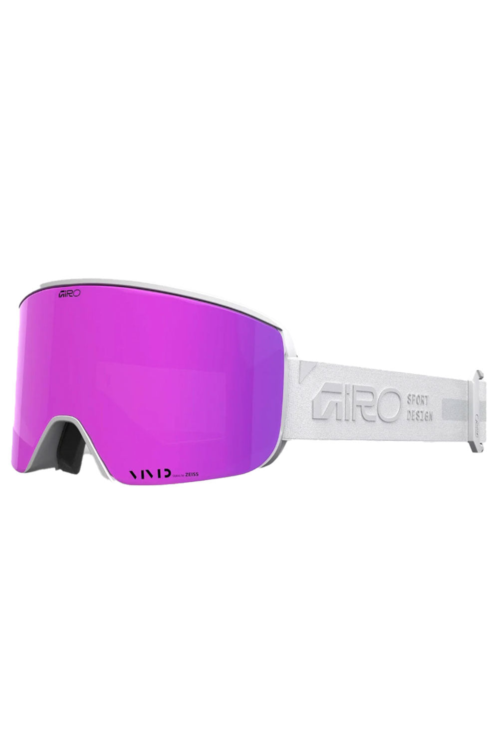  ski goggles with white frame & strap and purple lens on a white background
