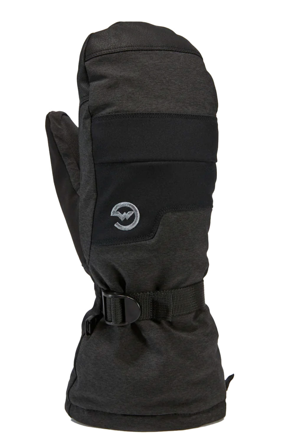 Black winter mitten with a logo on a white background