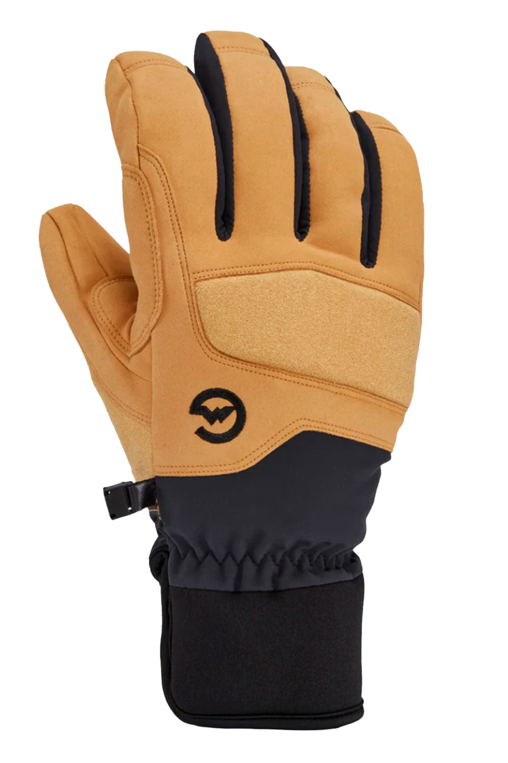 Tan and black glove with a brand logo on a white background