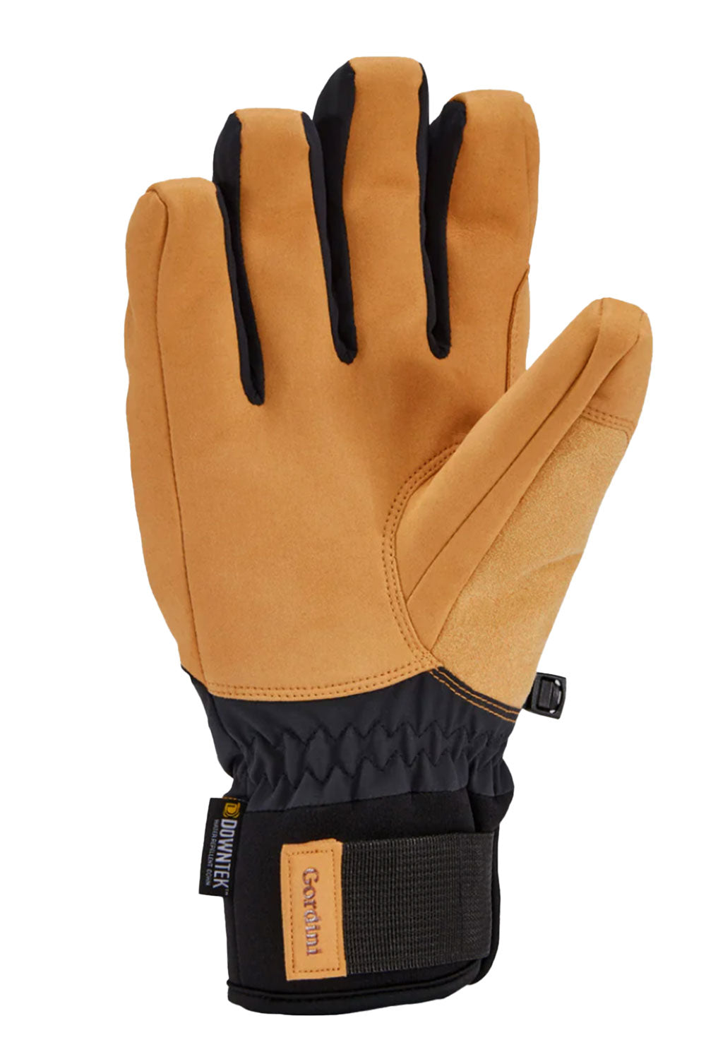 Brown work glove with black accents on a white background