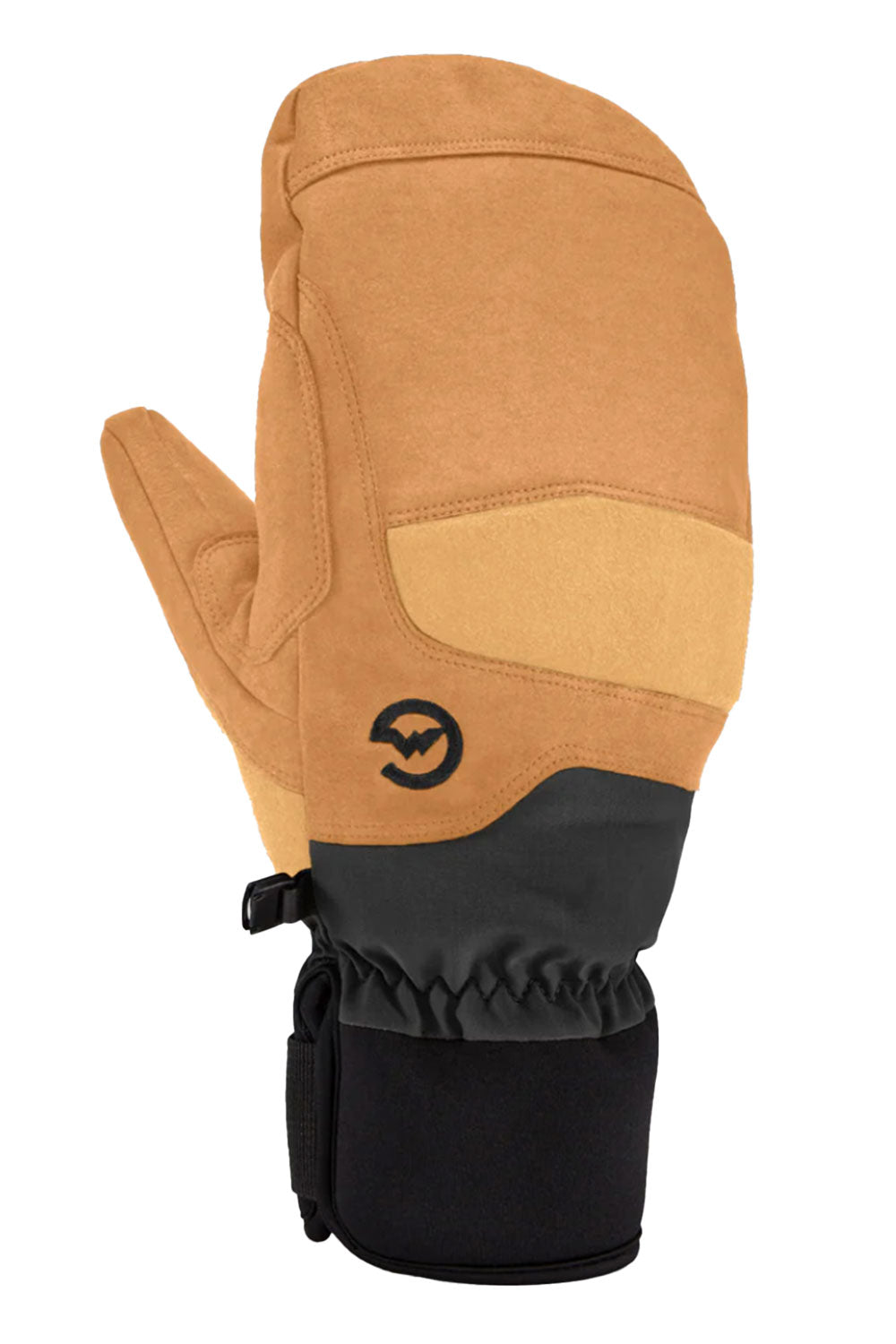 Brown and black glove with a logo on a white background