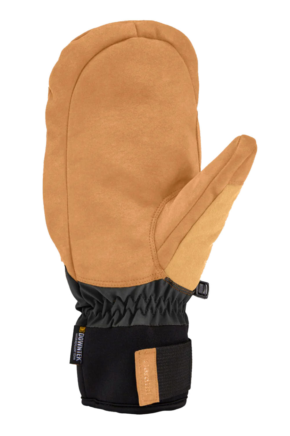 Brown and black mitten with a visible brand logo on a white background