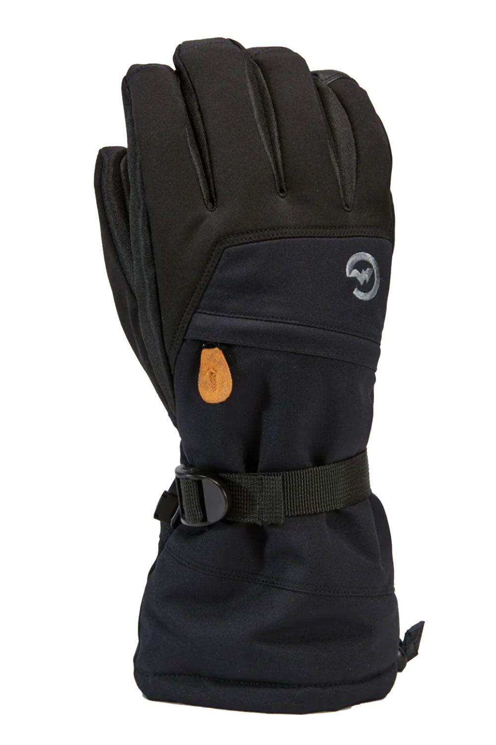 Black glove with a brand logo on a white background