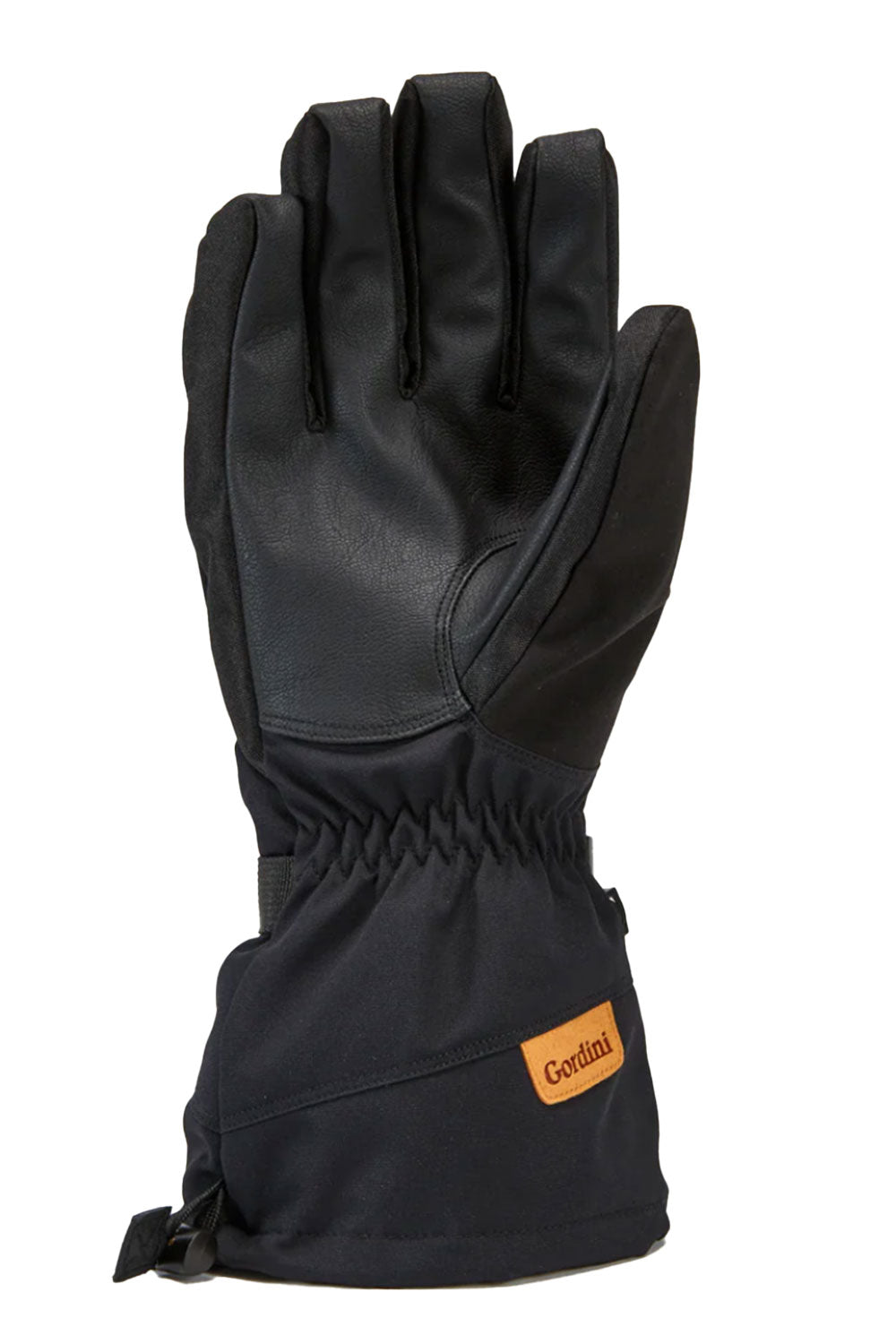 Black glove with a brand label on a white background