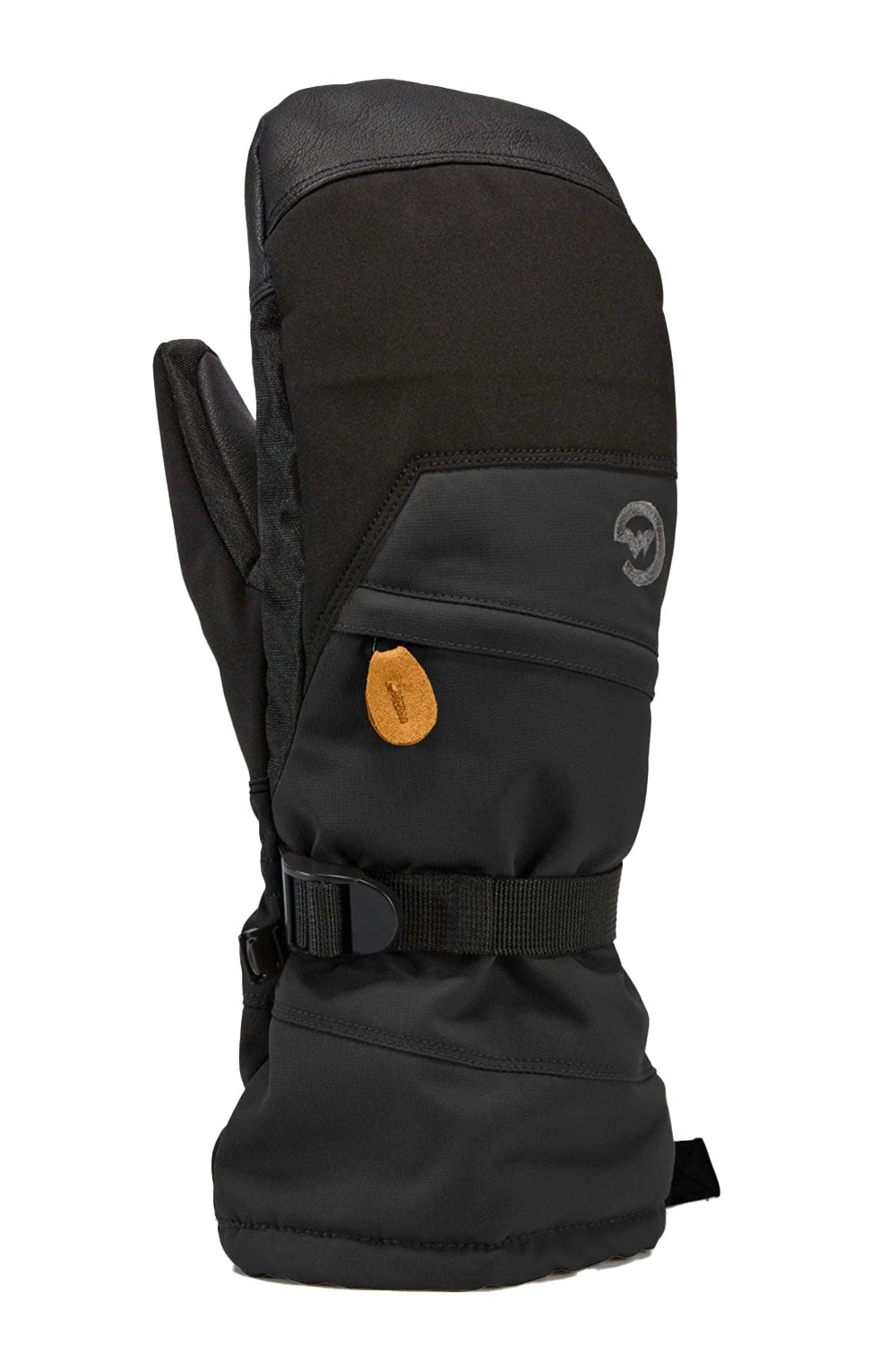 Black snow glove with a visible brand logo on a white background