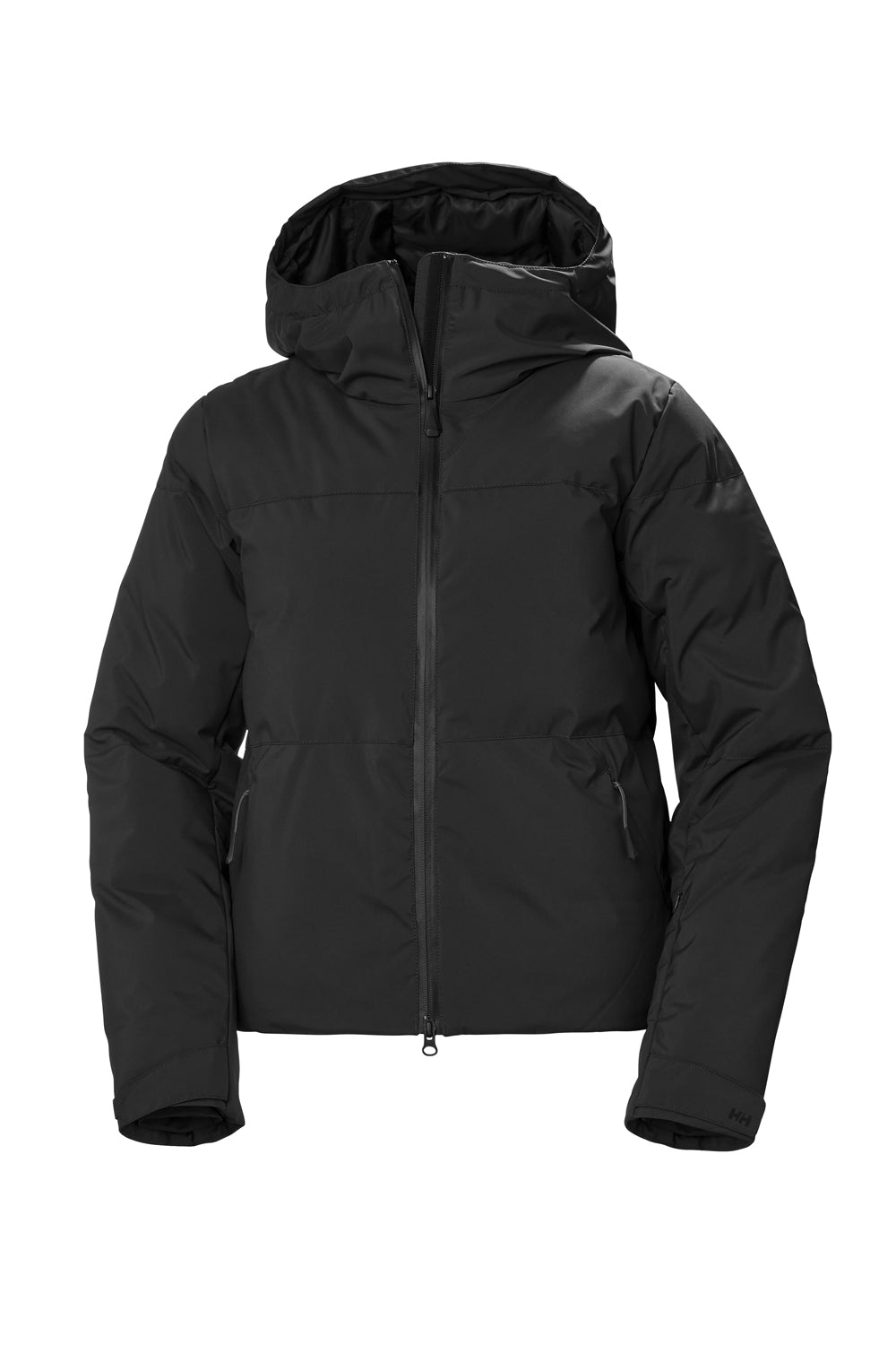Black puffy ski jacket with a hood on a white background