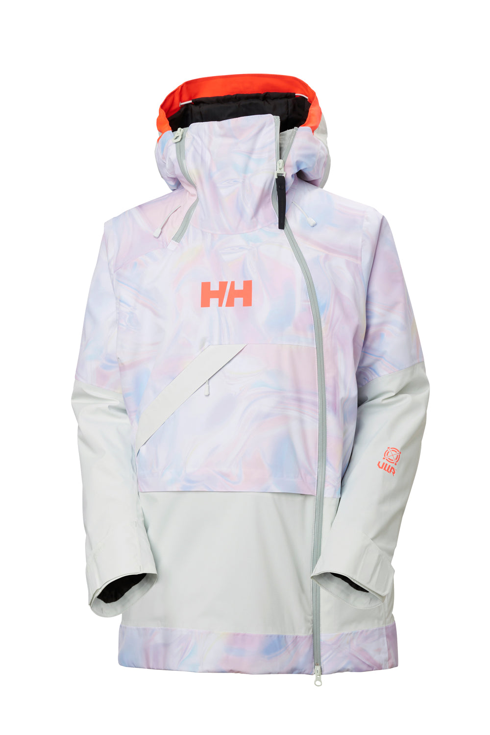 women's Helly Hansen Powchaser ski jacket, mint green and light pastel color abstract pattern
