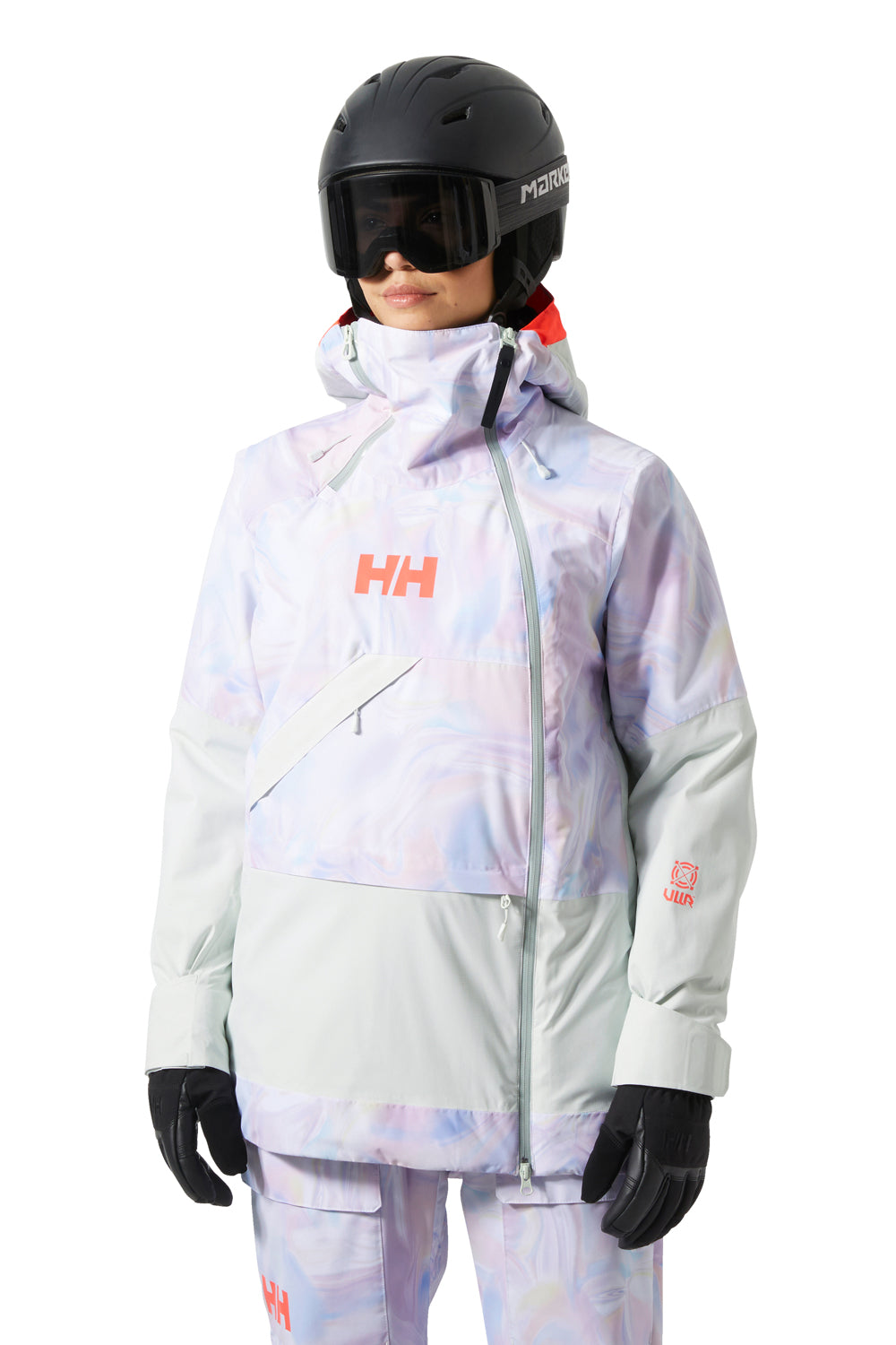 women's Helly Hansen Powchaser ski jacket, mint green and light pastel color abstract pattern

