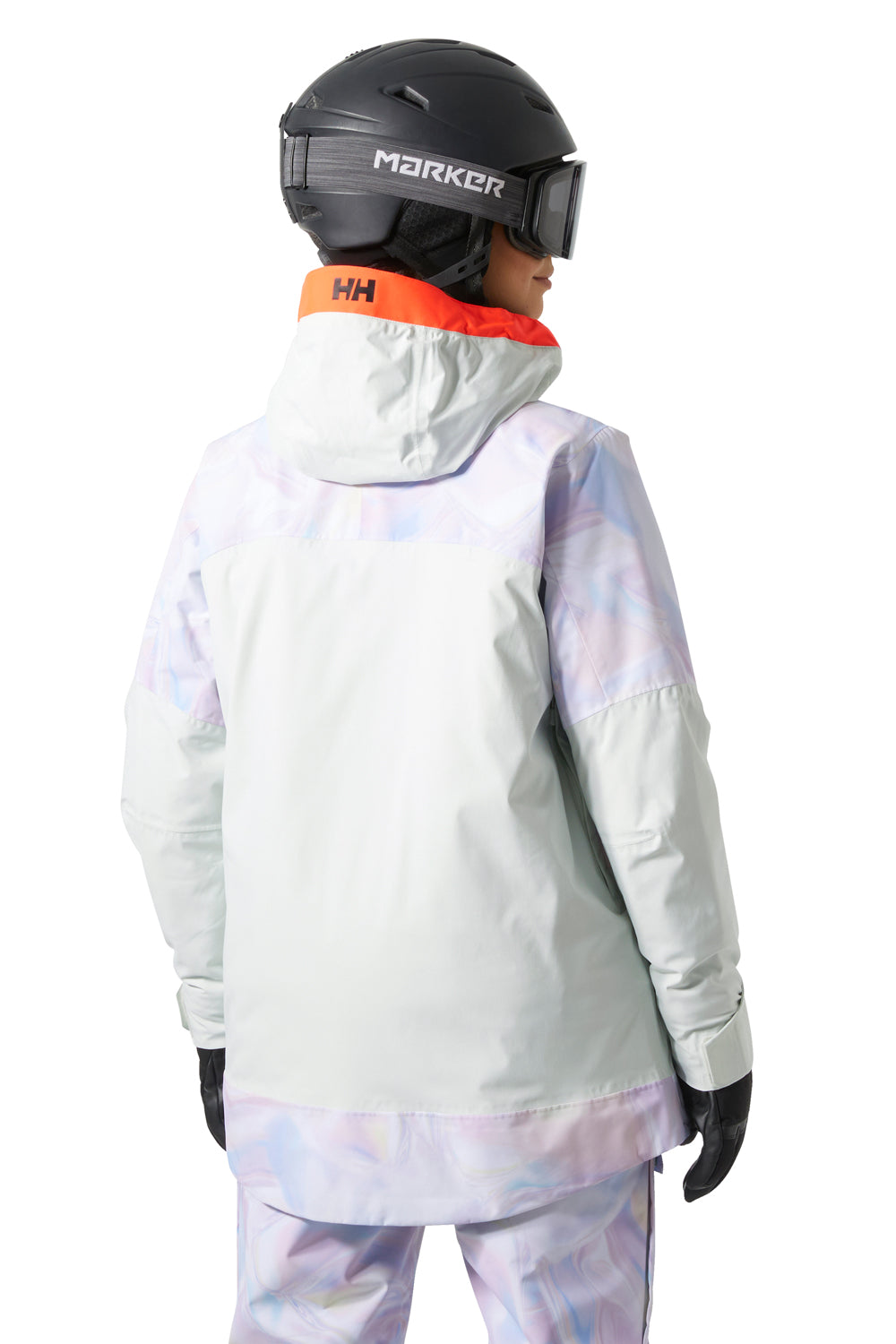 women's Helly Hansen Powchaser ski jacket, mint green and light pastel color abstract pattern

