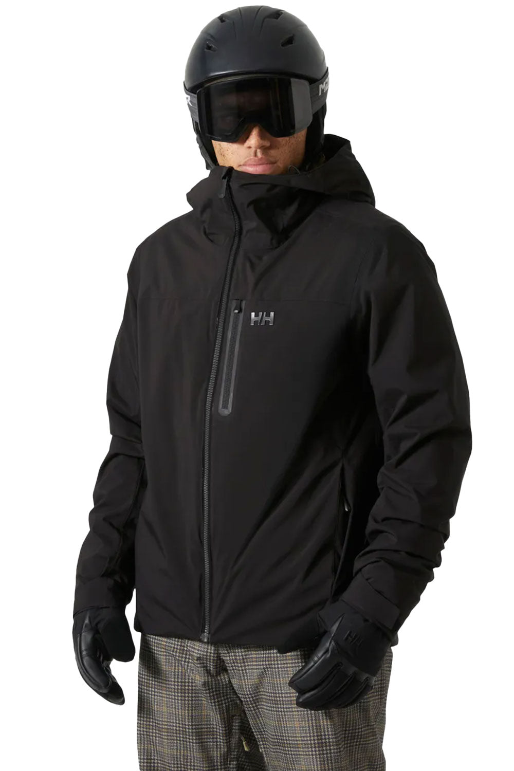 Person wearing a black jacket, helmet, and goggles on a white background