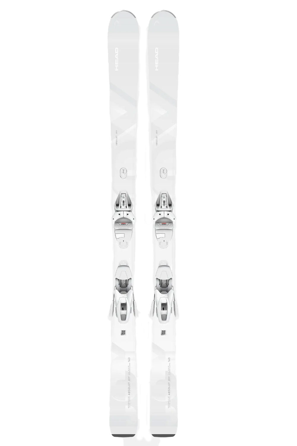 Pair of white skis with bindings on a white background