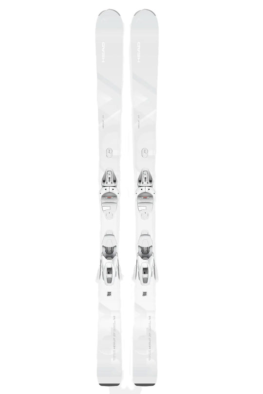 Pair of white skis with bindings on a white background