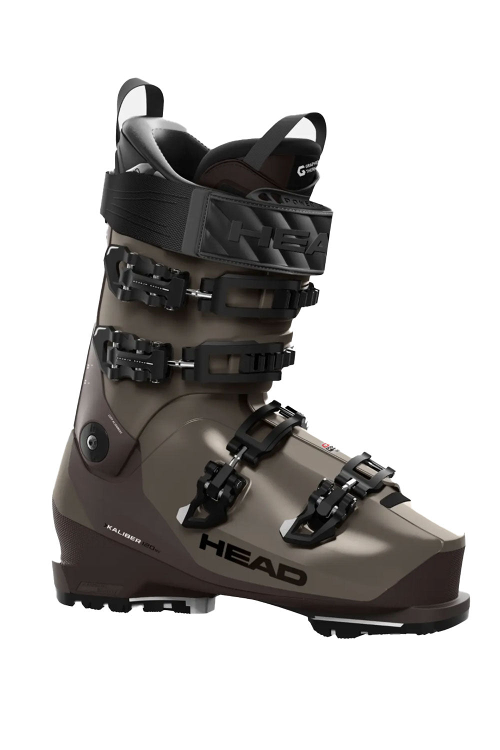 Brown ski boot with black straps on a white background