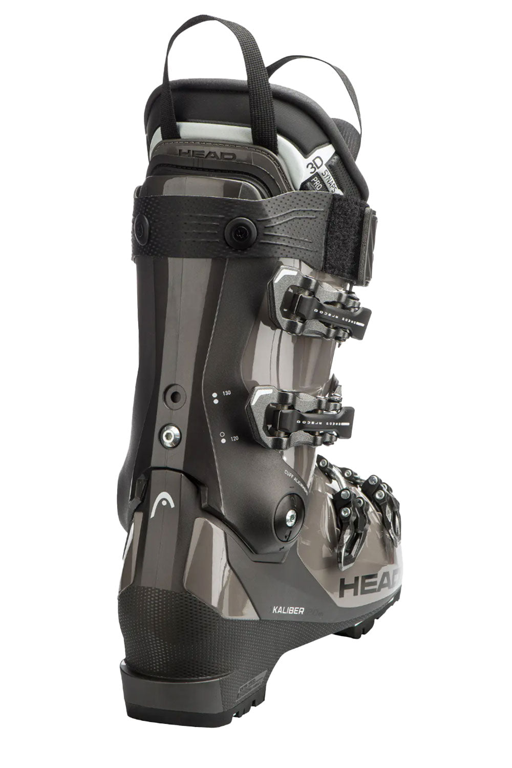 Black and gray ski boot with visible branding on a white background