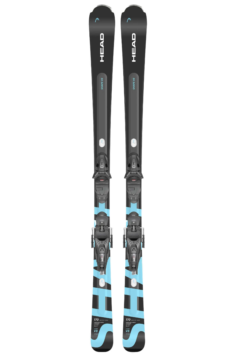 Pair of black skis with blue bindings on a white background