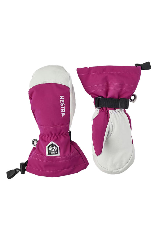 Pair of pink and white gloves with Hestra logo on a white background