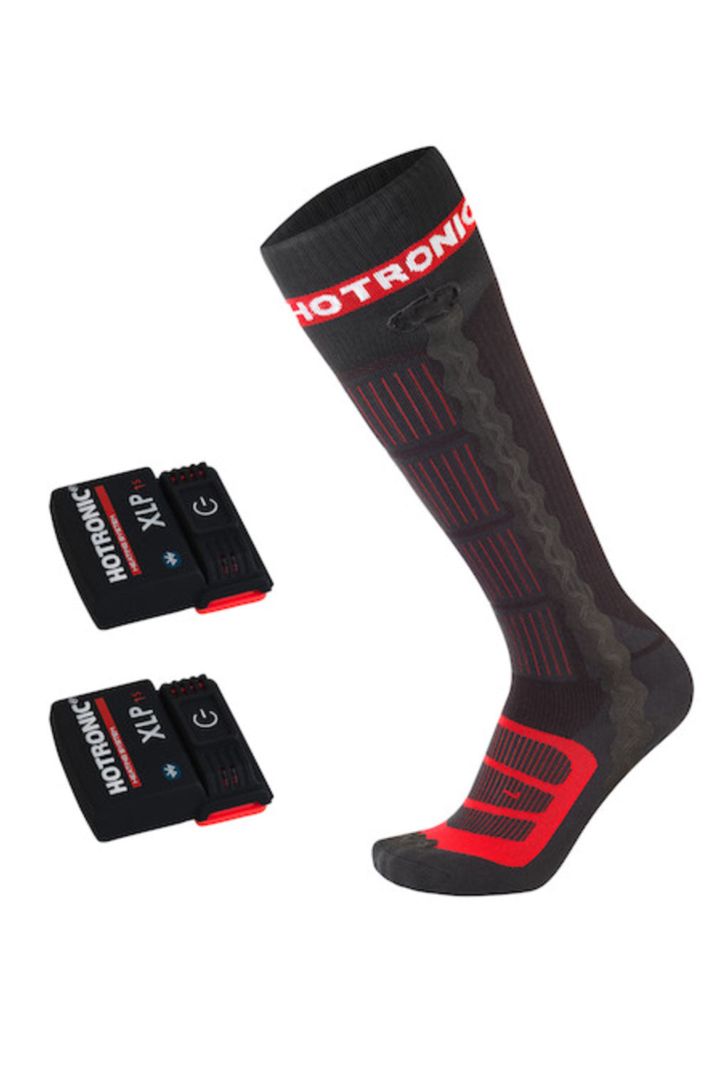 Black and red sock with Hotronic branding on a white background
