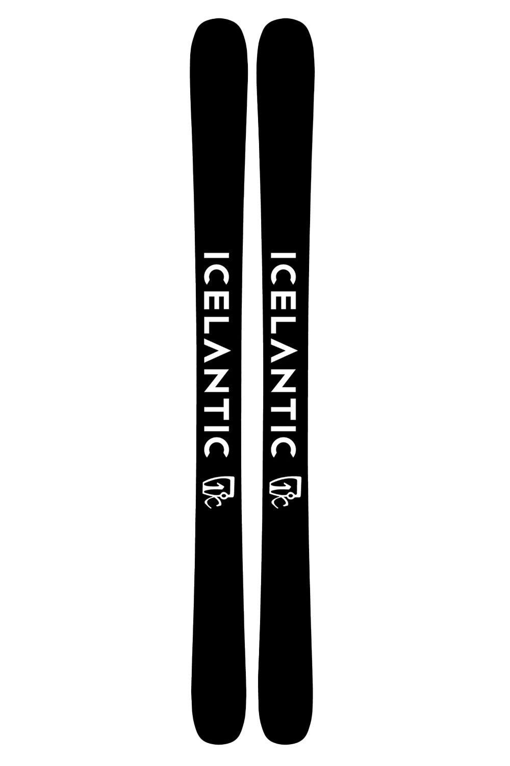 Two black skis with 'ICELANTIC' branding on a white background