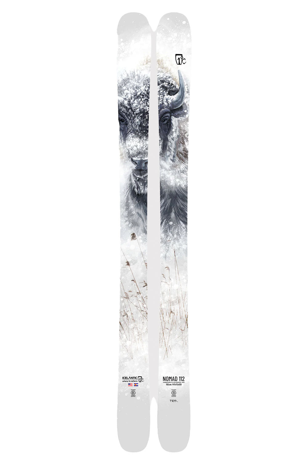 Two skis with a buffalo design on a white background