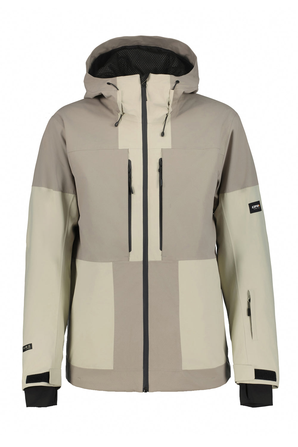Beige and brown ski jacket with a hood on a white background