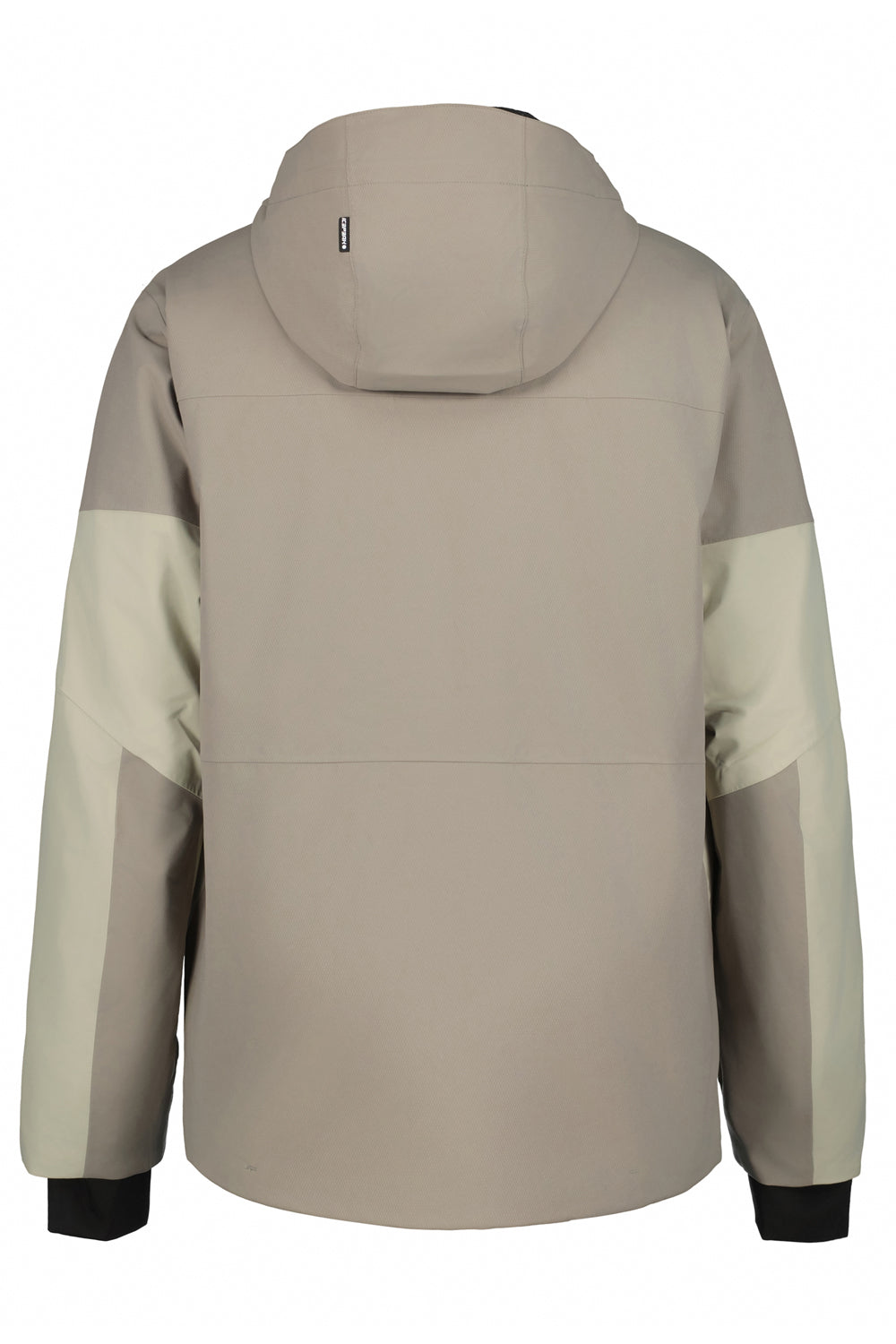 Beige and brown ski jacket with a hood on a white background