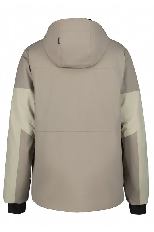Beige and brown ski jacket with a hood on a white background