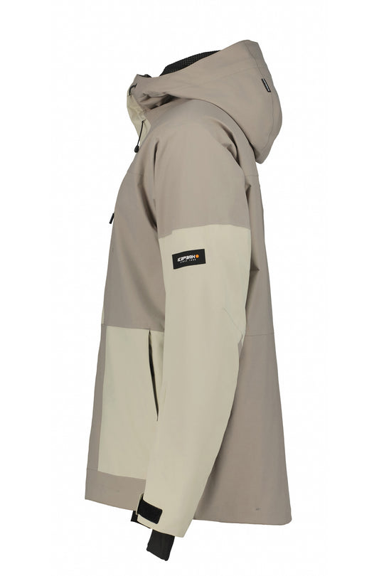 Beige winter jacket with a Icepeak brand logo on a white background