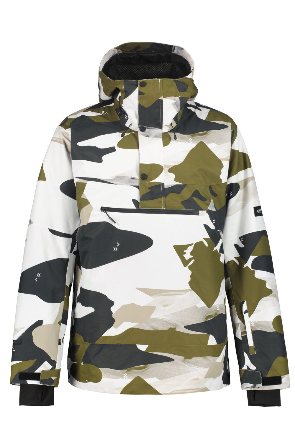 Camouflage-patterned  ski jacket on a white background