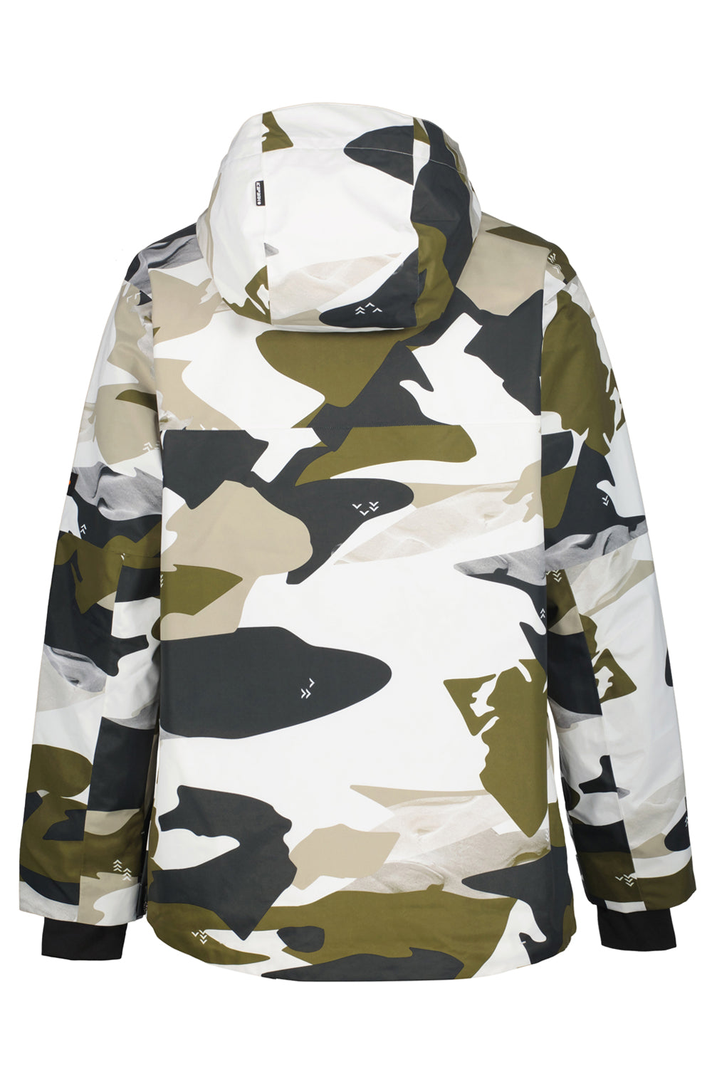 Camouflage-patterned ski jacket on a white background