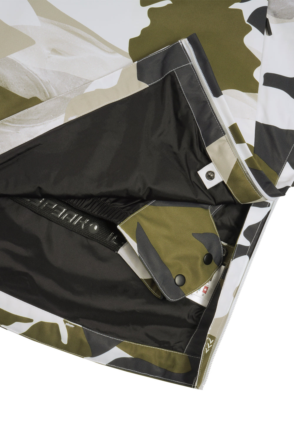 Camouflage-patterned ski jacket with black border on a white background