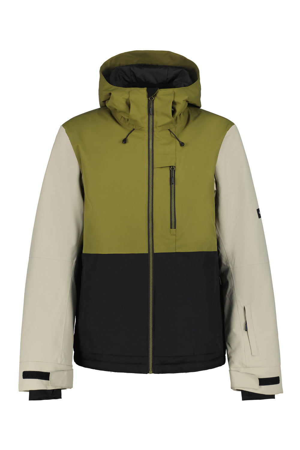 Multicolored ski jacket with green, beige, and black sections on a white background