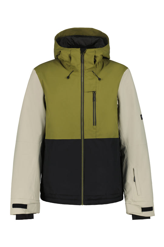 Multicolored ski jacket with green, beige, and black sections on a white background