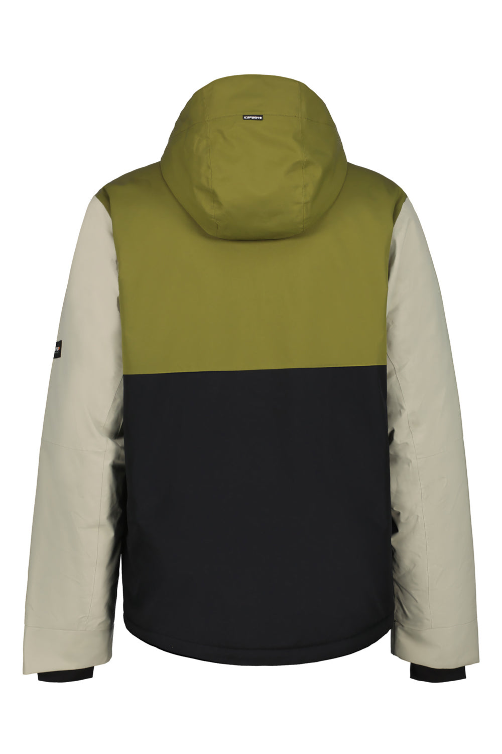 Multicolored ski jacket with a hood on a white background
