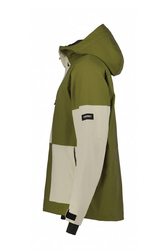 Green and beige hooded  ski jacket with a brand logo on a white background