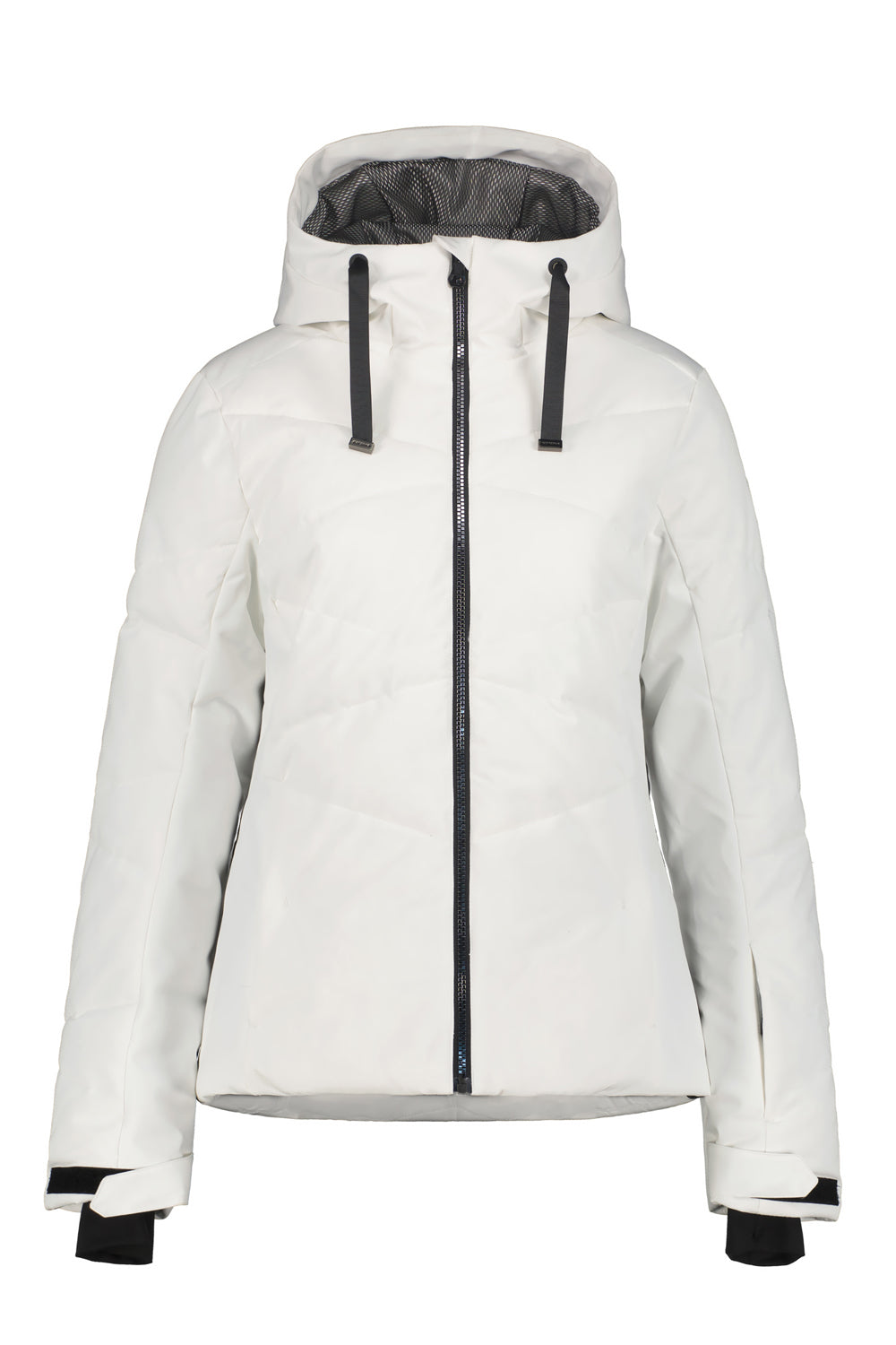 White winter ski jacket with black accents on a white background