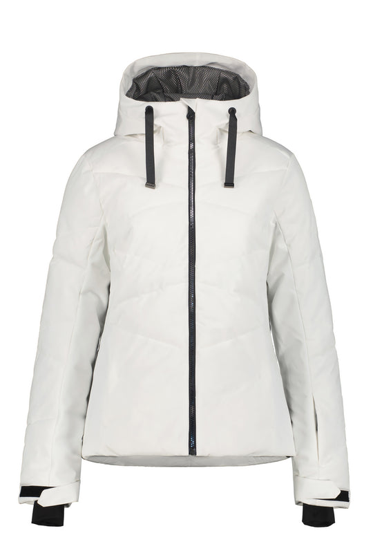 White winter ski jacket with black accents on a white background