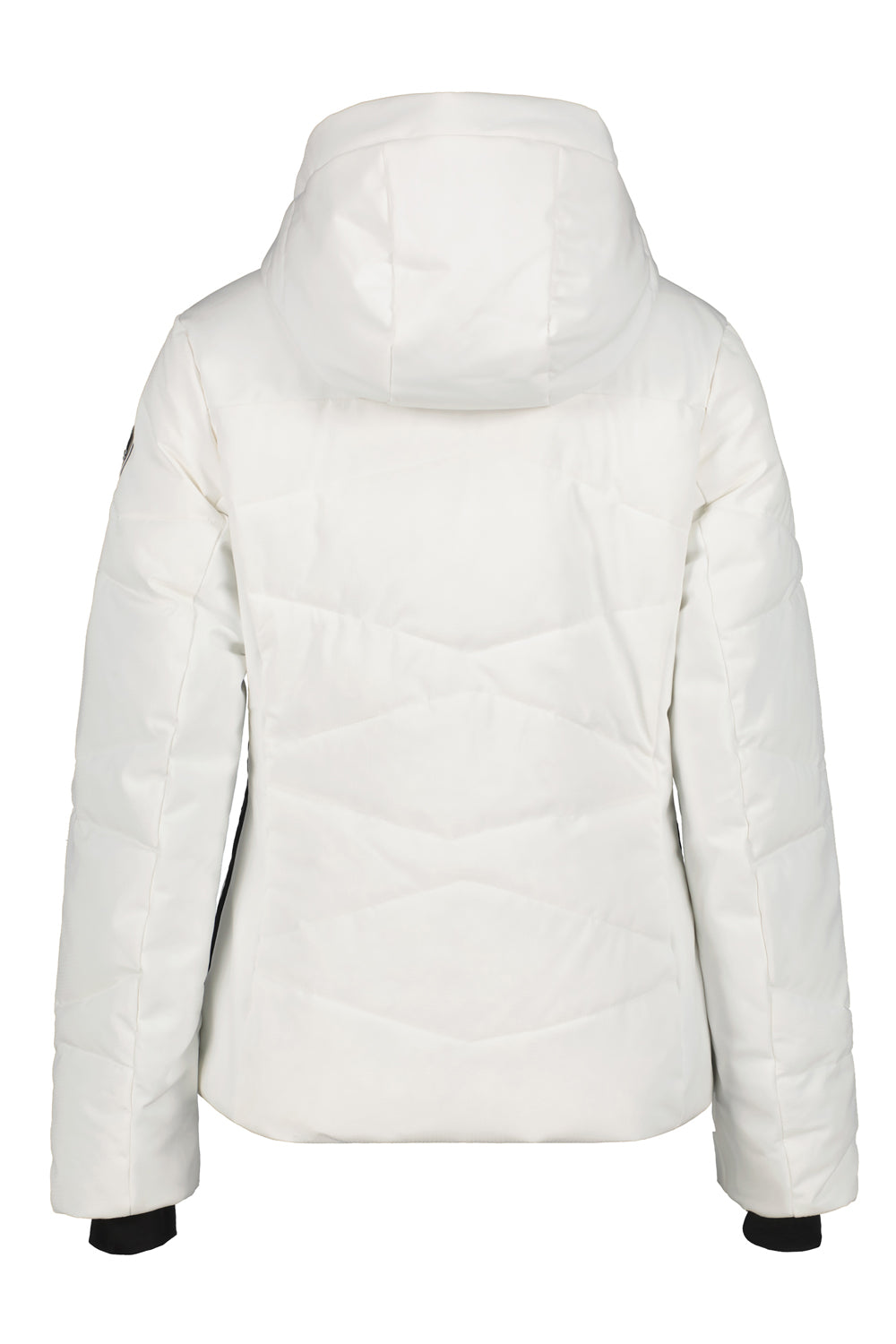 White puffer ski jacket with a hood on a white background