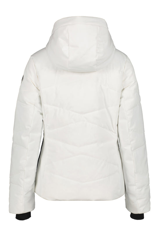 White puffer ski jacket with a hood on a white background
