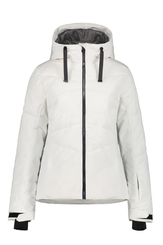 White winter ski jacket with black accents on a white background