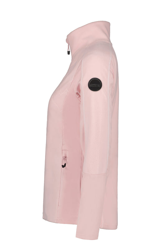 Pink fleece zip up jacket with a black patch on a white background