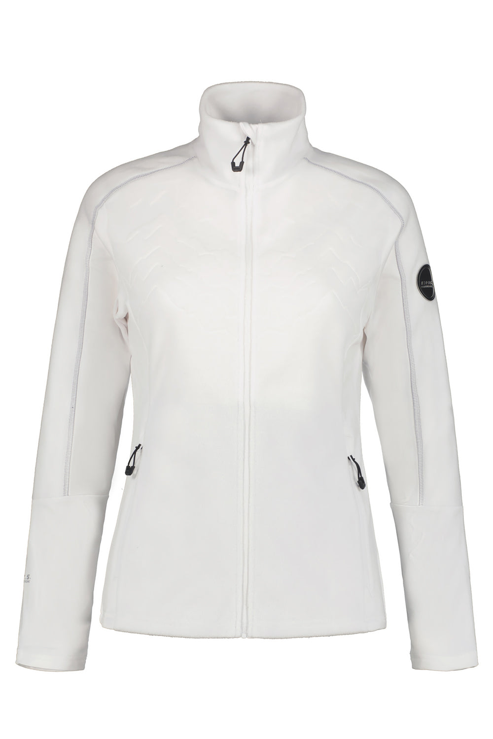 White fleece zip up jacket with black logo on a white background
