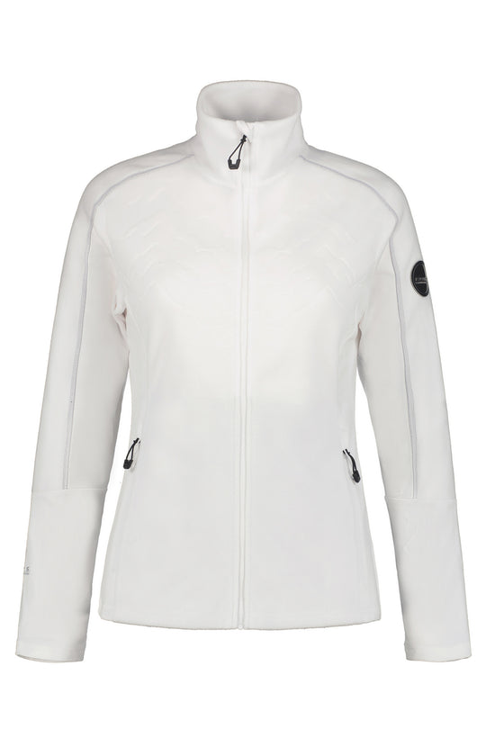 White fleece zip up jacket with black logo on a white background