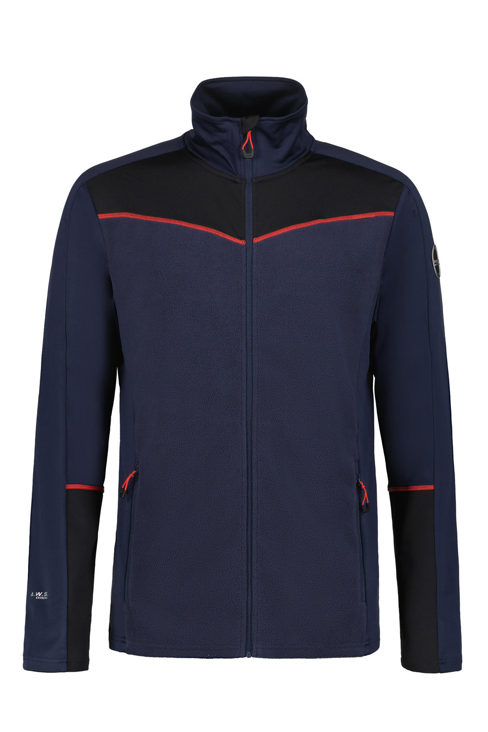 Navy & black fleece jacket with red accents on a white background