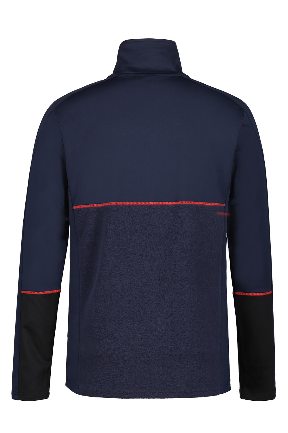 Navy blue & black fleece jacket with red accents on a white background