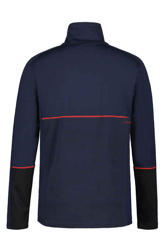 Navy blue & black fleece jacket with red accents on a white background
