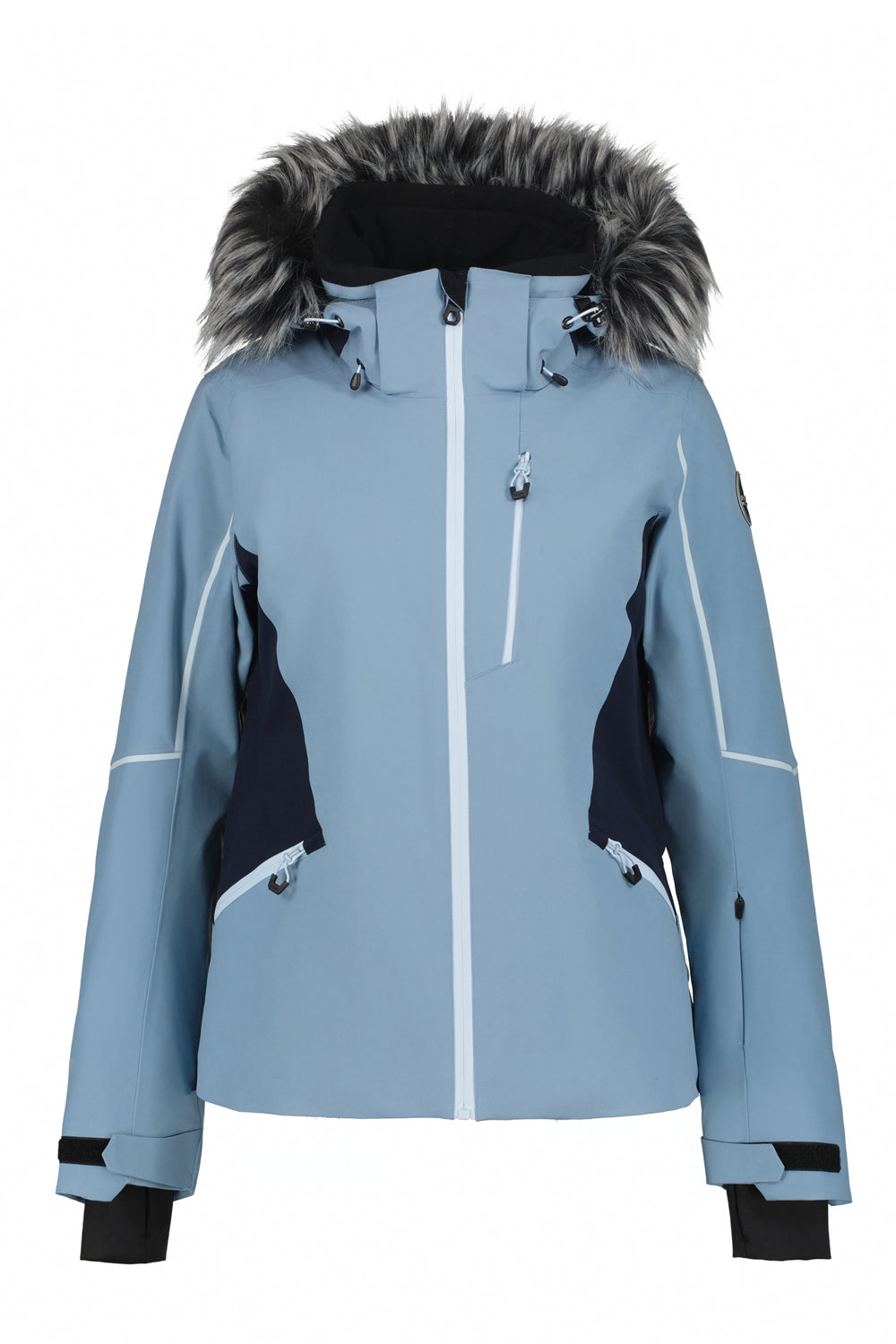 Blue winter ski jacket with fur-lined hood on a white background