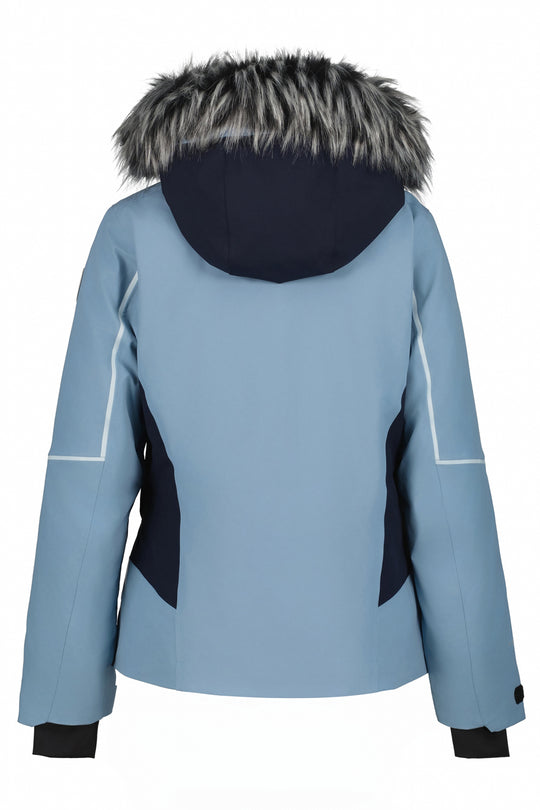 Blue winter ski jacket with fur-lined hood on a white background
