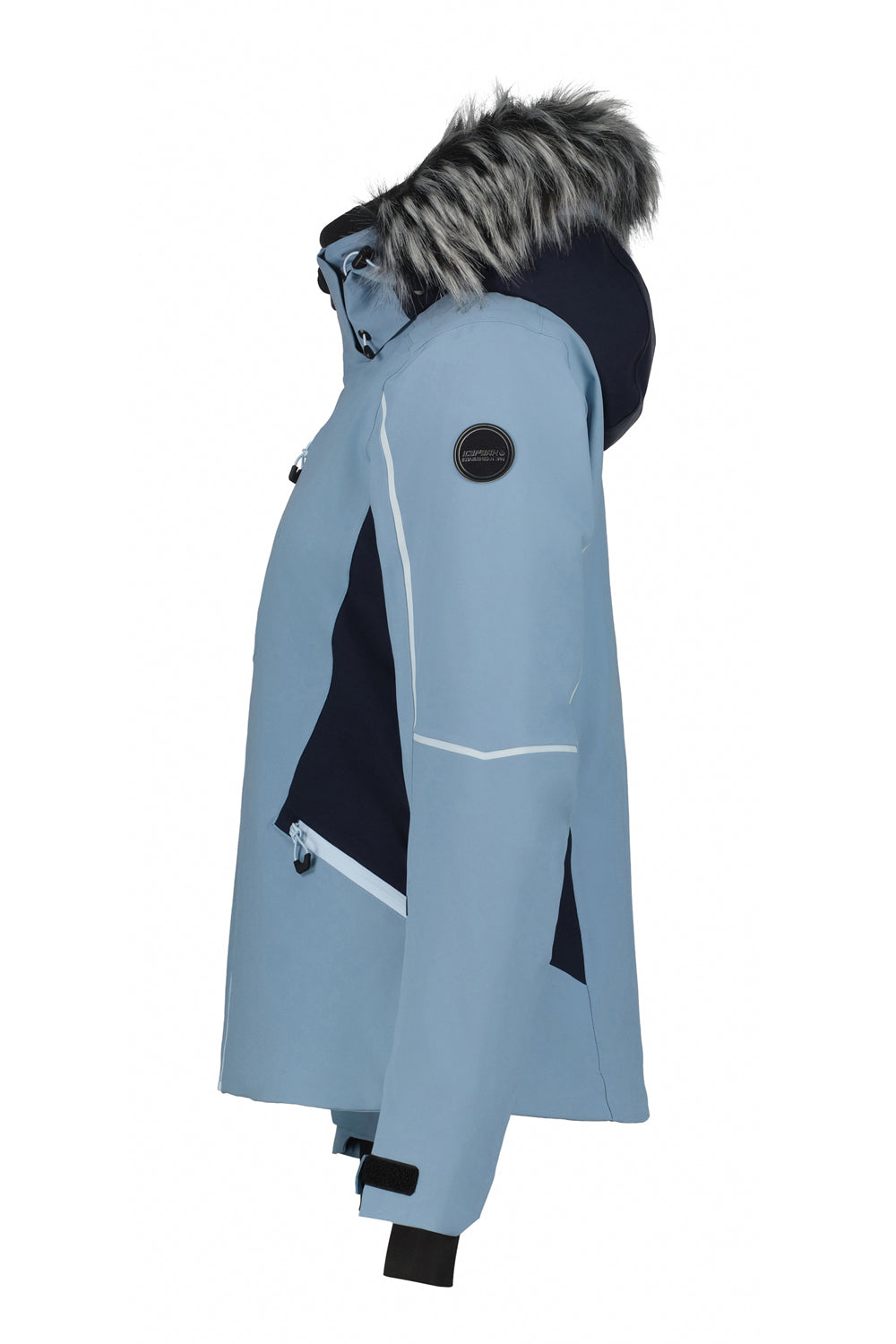 Blue winter ski coat with fur-lined hood on a white background