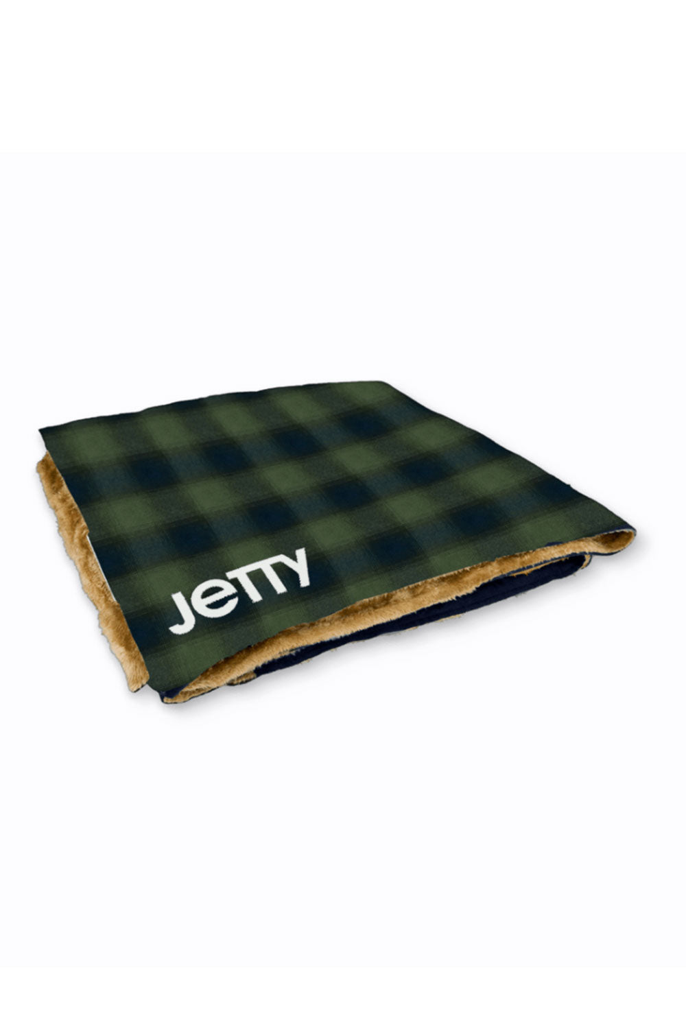 Green and brown checkered blanket with 'Jetty' branding on a white background